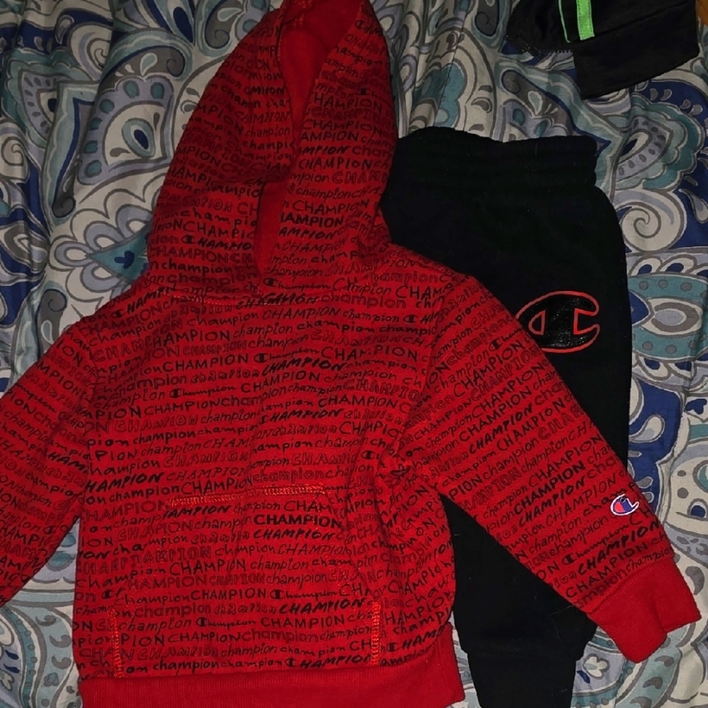 Champion Red Hoodie and Black Pants Set